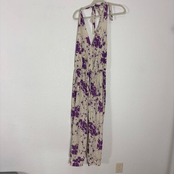 Karen Zambos Bone with Purple Patterned V Neck Halter Jumpsuit Size Medium - Picture 1 of 7